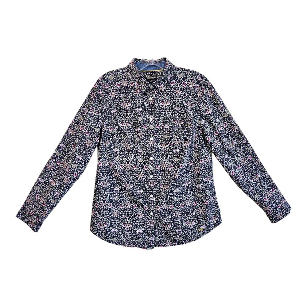 TALBOTS Women's Petite 10 10P Blouse Button Up Floral Birds Contrast Cuff 36"